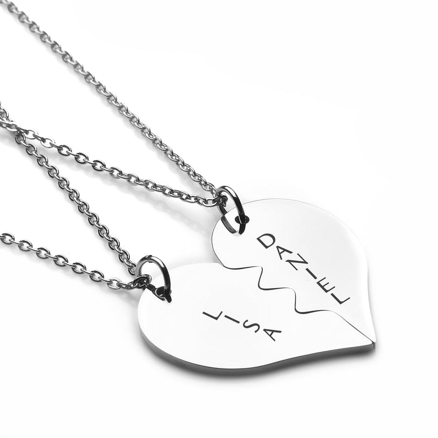 PERSONALIZED SPLIT HEART SILVER PLATED VERTICAL NAME NECKLACE