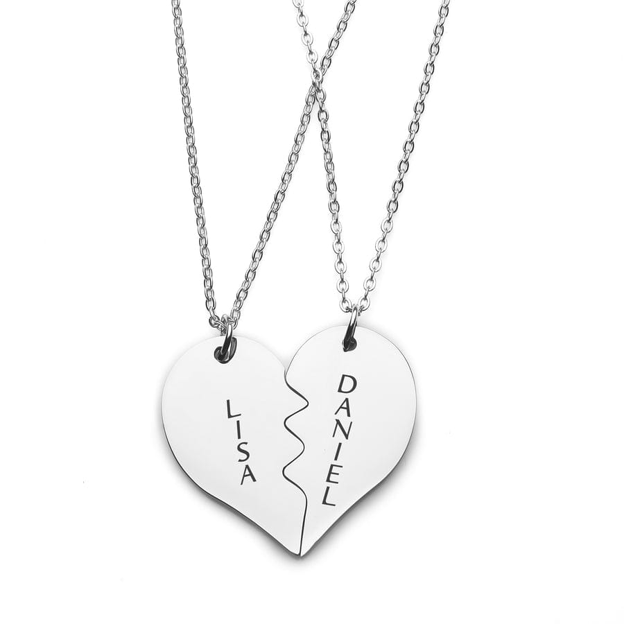 PERSONALIZED SPLIT HEART SILVER PLATED VERTICAL NAME NECKLACE