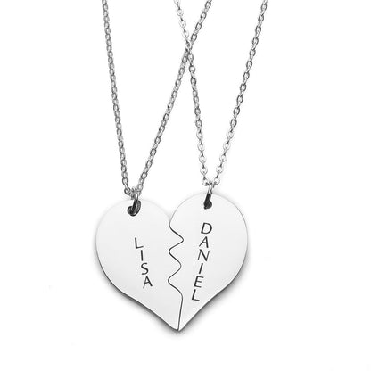 PERSONALIZED SPLIT HEART SILVER PLATED VERTICAL NAME NECKLACE