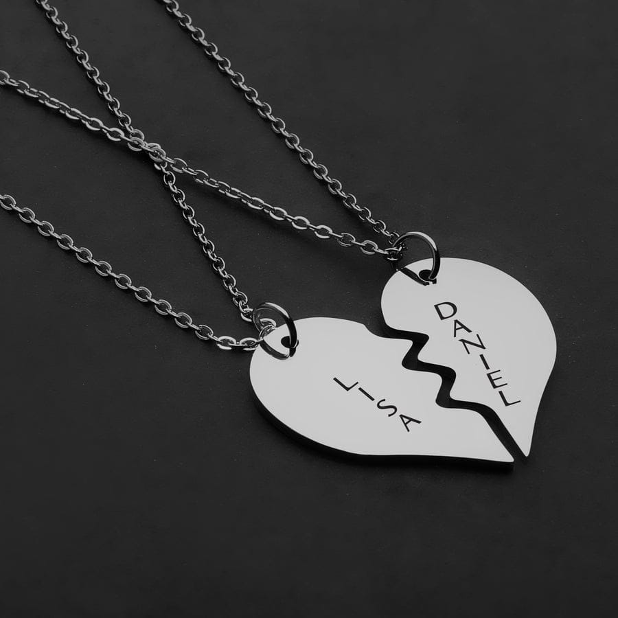 PERSONALIZED SPLIT HEART SILVER PLATED VERTICAL NAME NECKLACE