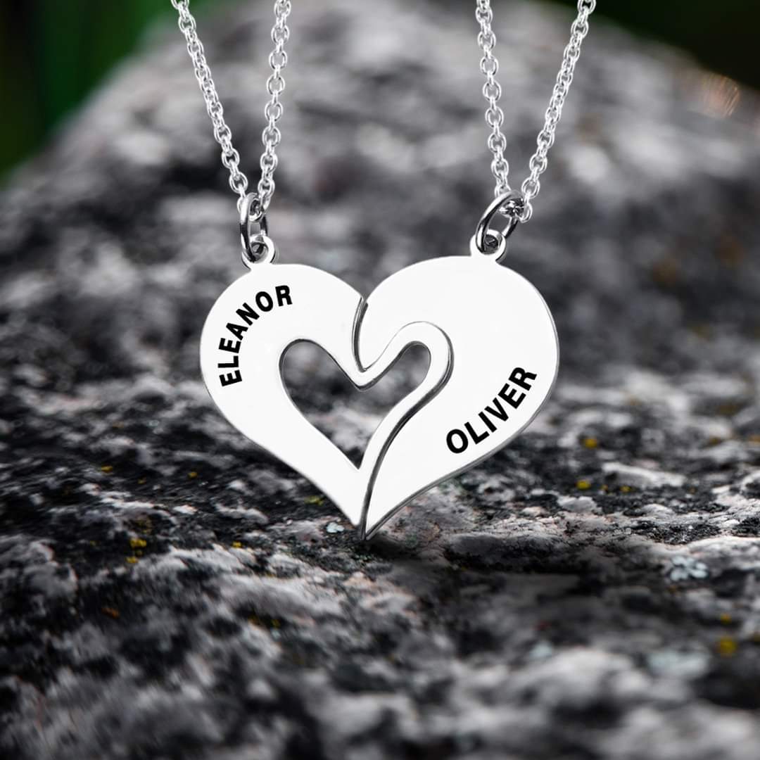 PERSONALIZED SPLIT HEART NECKLACE SILVER PLATED