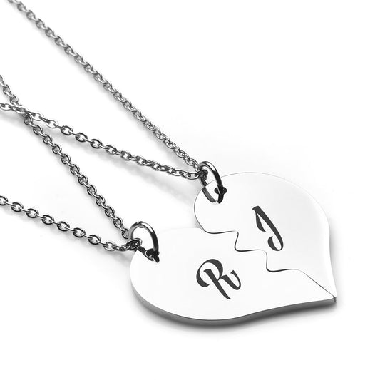 PERSONALIZED SPLIT HEART SILVER PLATED INITIALS NECKLACE
