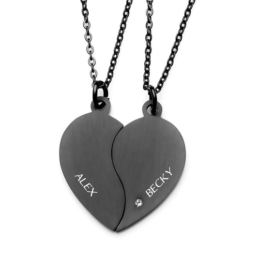 PERSONALIZED SPLIT HEART BLACK COLOR COATED INITIALS NECKLACE