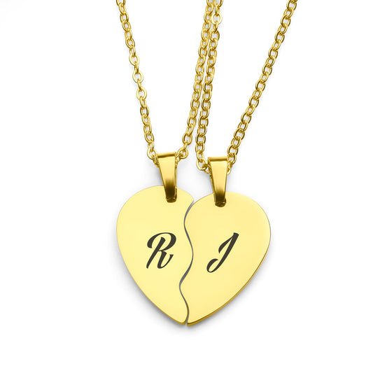 PERSONALIZED SPLIT HEART GOLD PLATED INITIALS NECKLACE