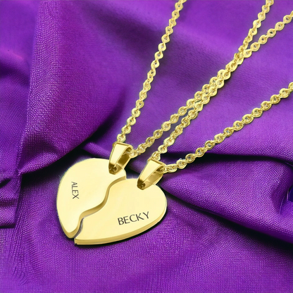 PERSONALIZED SPLIT HEART DIAGONAL NECKLACE GOLD PLATED