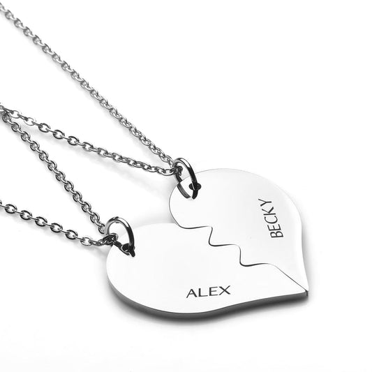 PERSONALIZED SPLIT HEART SILVER PLATED DIAGONAL NAME NECKLACE