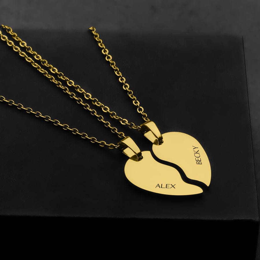 PERSONALIZED SPLIT HEART DIAGONAL NECKLACE GOLD PLATED