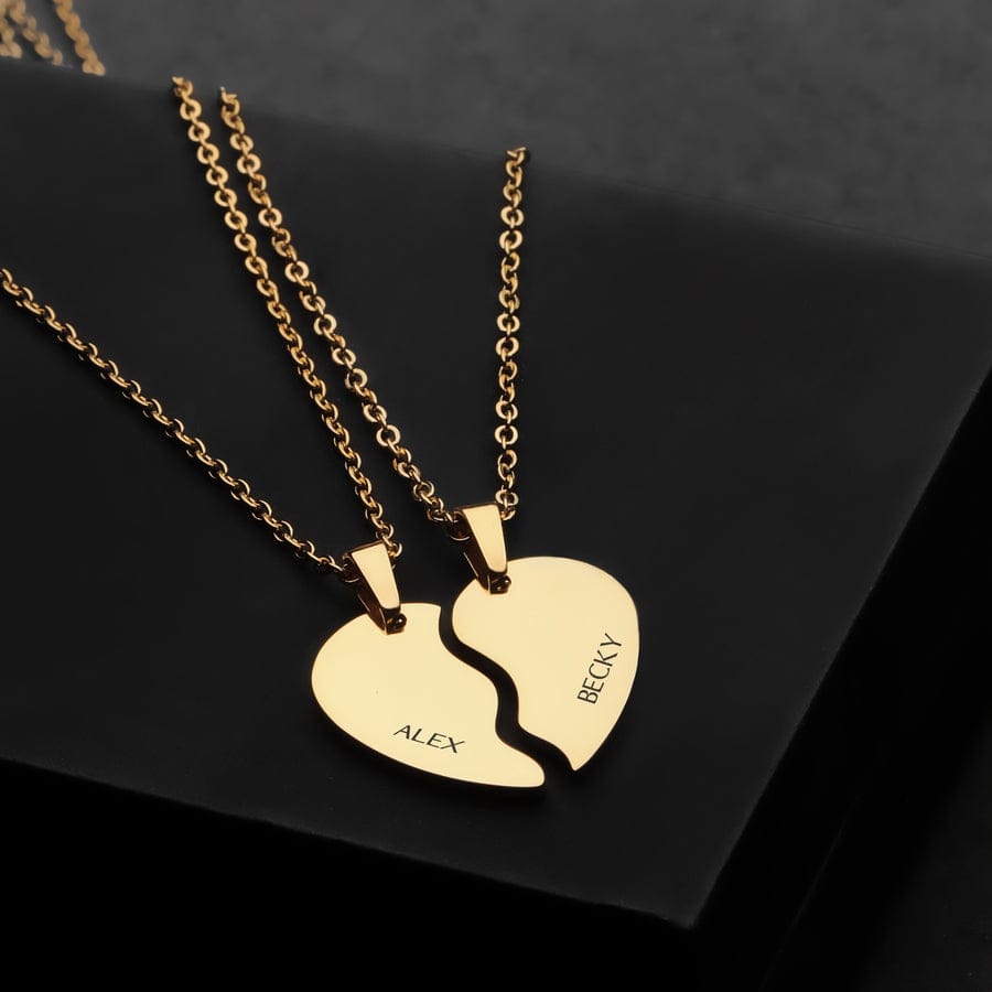 PERSONALIZED SPLIT HEART DIAGONAL NECKLACE GOLD PLATED