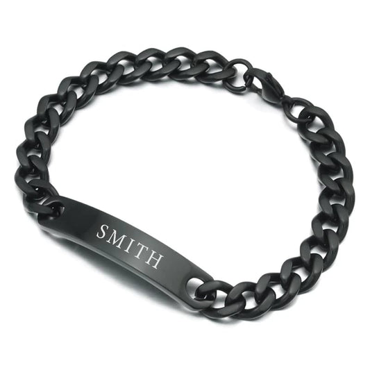 PERSONALIZED MEN'S ID BRACELET CHAIN TYPE BLACK COATED EXCLUSIVE