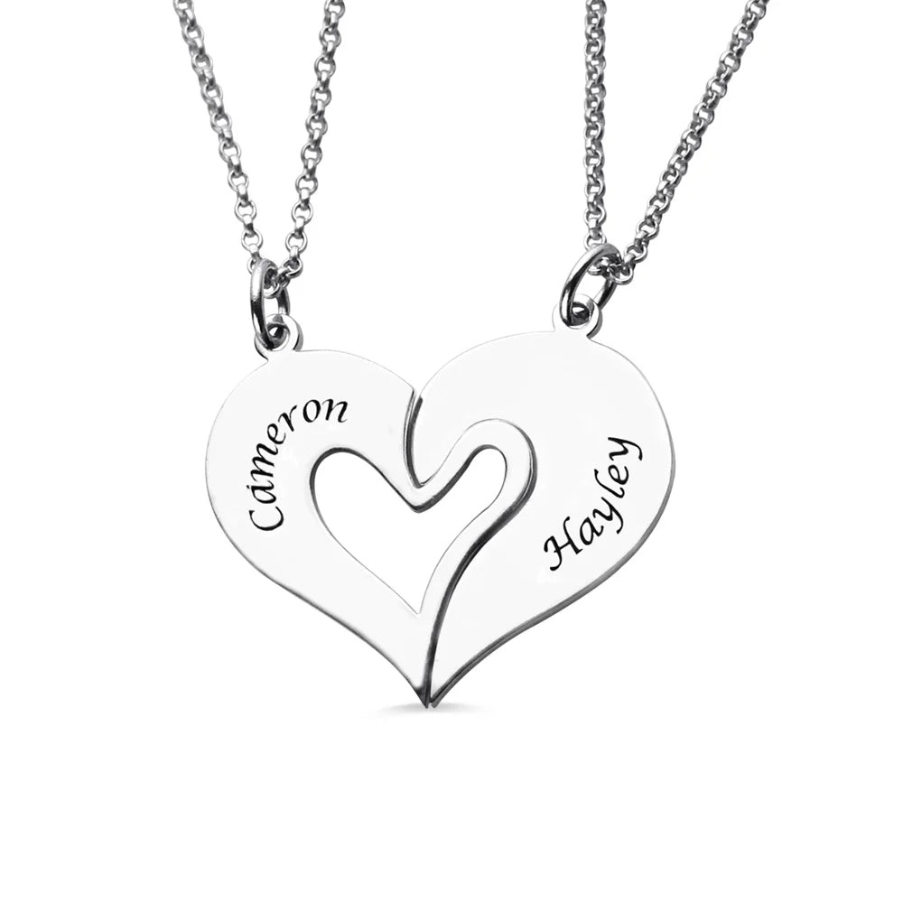 PERSONALIZED SPLIT HEART NECKLACE SILVER PLATED